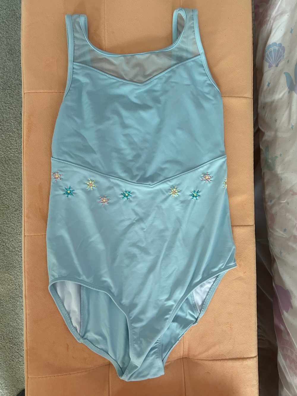 Girls Bloch Light Blue Leotard with Floral Embroidery